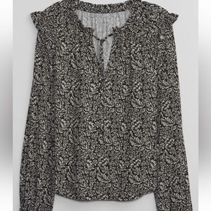 Gap print ruffle split neck top black white paisley floral boho blouse xs